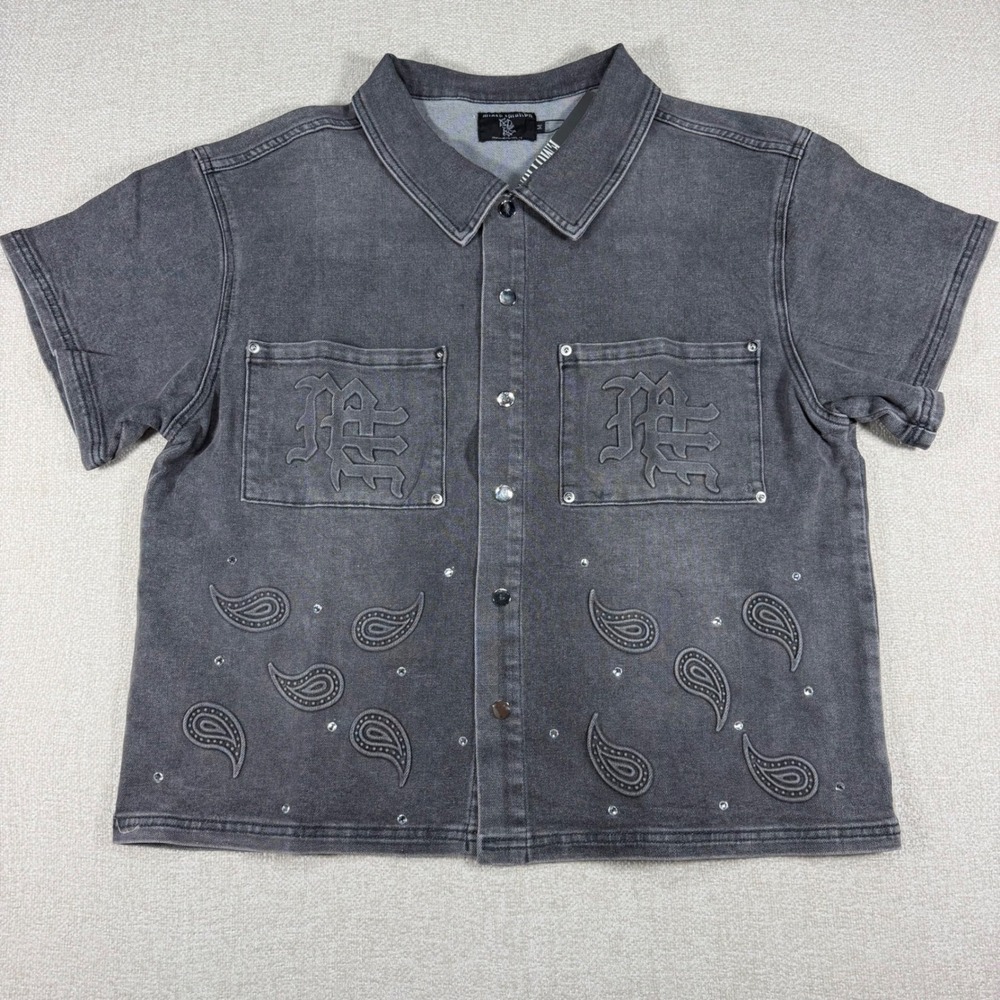 Mixed Emotion Mens Washed Gray Denim Short Sleeve Rhinestone Paisley Shirt M